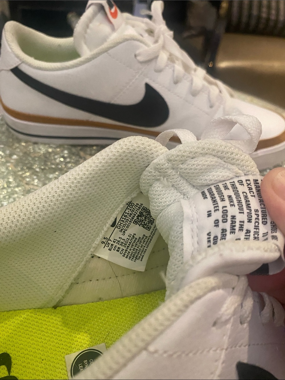 Nike Womens White Sneakers with Black Swoosh and Brown Trim - Picture 3 of 7